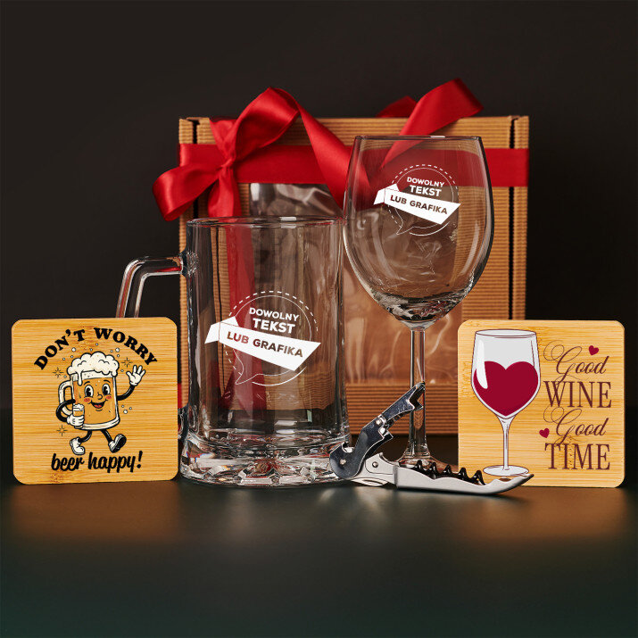 Zestaw prezentowy projekt własny z kieliszkiem do wina i kuflem