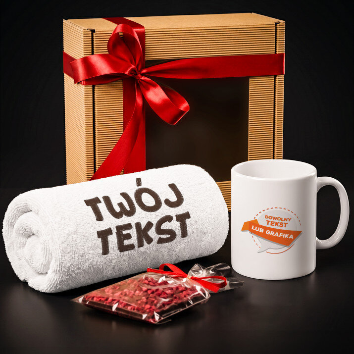Zestaw prezentowy projekt własny z ręcznikiem i kubkiem