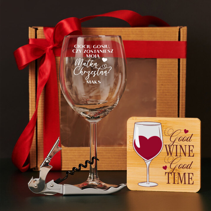 Zestaw prezentowy prośba o bycie Chrzestną z kieliszkiem do wina i korkociągiem