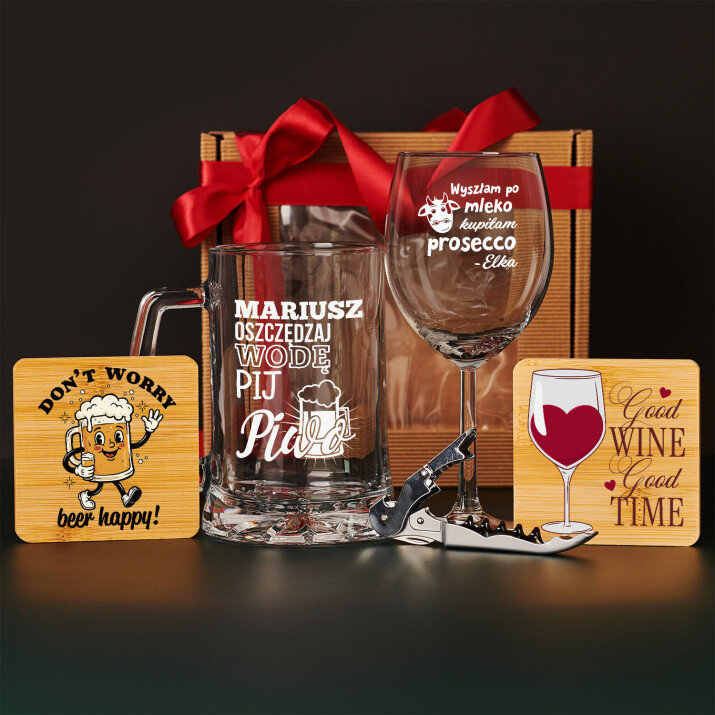 Zestaw prezentowy zabawny dla pary z kieliszkiem do wina i kuflem