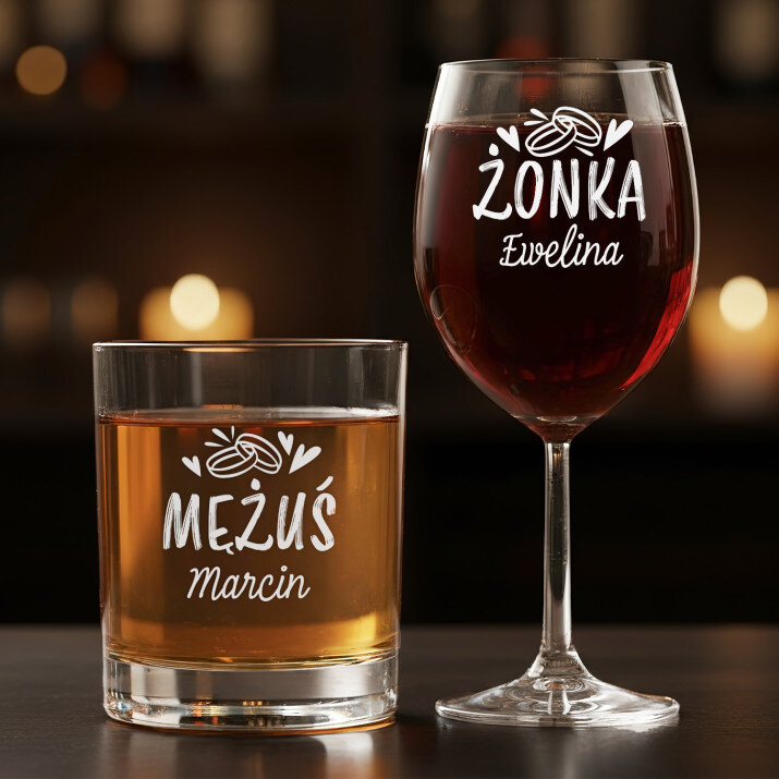 Żonka i mężuś - Zestaw kieliszek do wina i szklanka do whisky