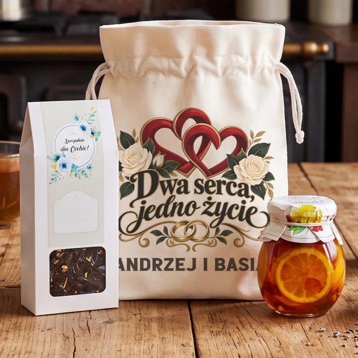 Zestaw Prezentowy z Herbatą Dla Pary Młodej Prezent Na Ślub Dla Pary: Dwa Serca, Jedno Życie Zestaw Prezentowy z Herbatą Dla Pary Młodej Prezent Na Ślub Dla Pary: Dwa Serca, Jedno Życie