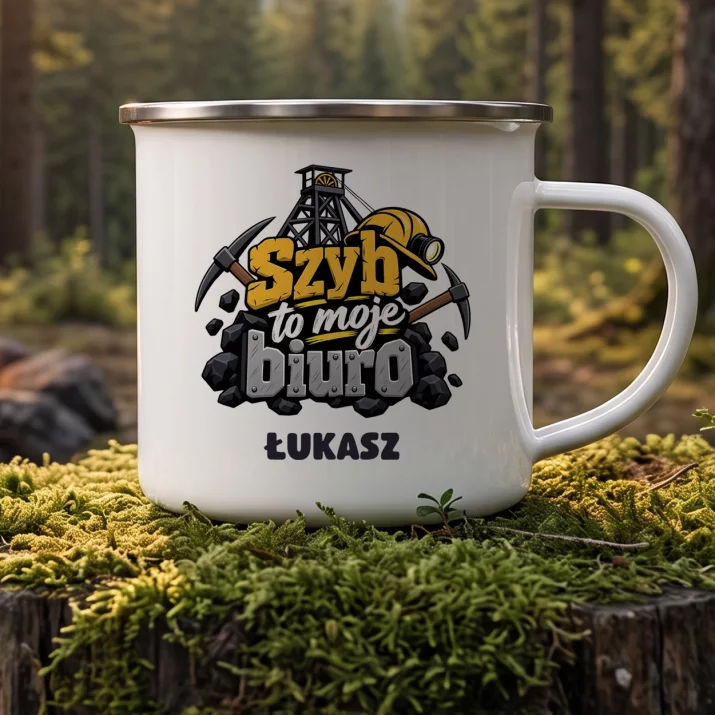 Kubek Emaliowany Na Barbórkę Prezent Dla Górnika Mężczyzny: Szyb To Moje Biuro Kubek Emaliowany Na Barbórkę Prezent Dla Górnika Mężczyzny: Szyb To Moje Biuro