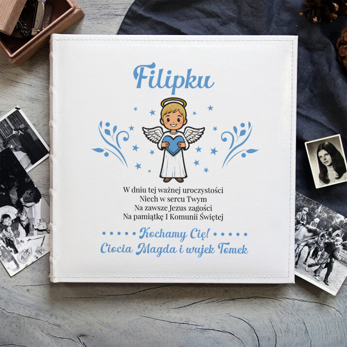 Życzenia na komunię aniołek chłopiec - Personalizowany Album na zdjęcia