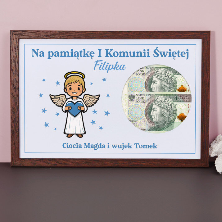 Życzenia na komunię aniołek chłopiec - Ramka na pieniądze