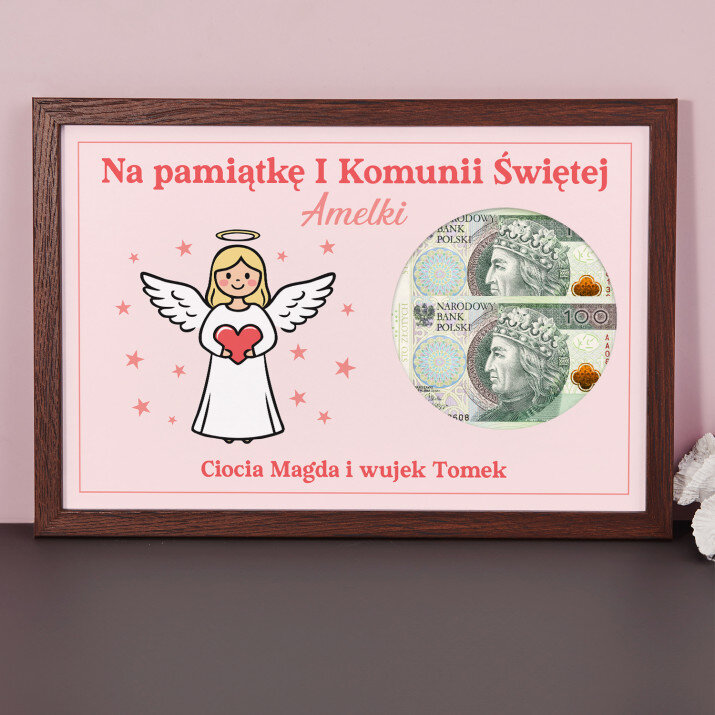 Życzenia na komunię aniołek dziewczynka - Ramka na pieniądze