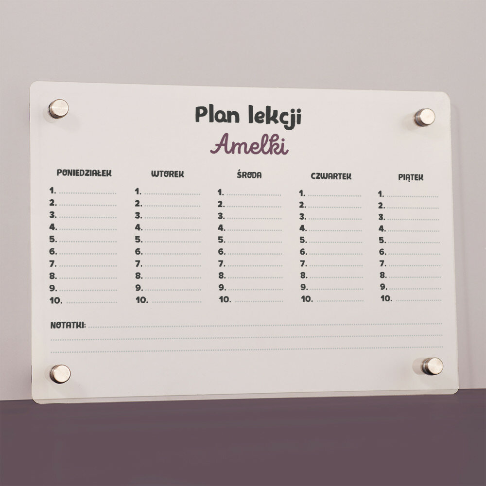 Plan lekcji - Wydruk na szkle akrylowym tablica - MyGiftDna.pl