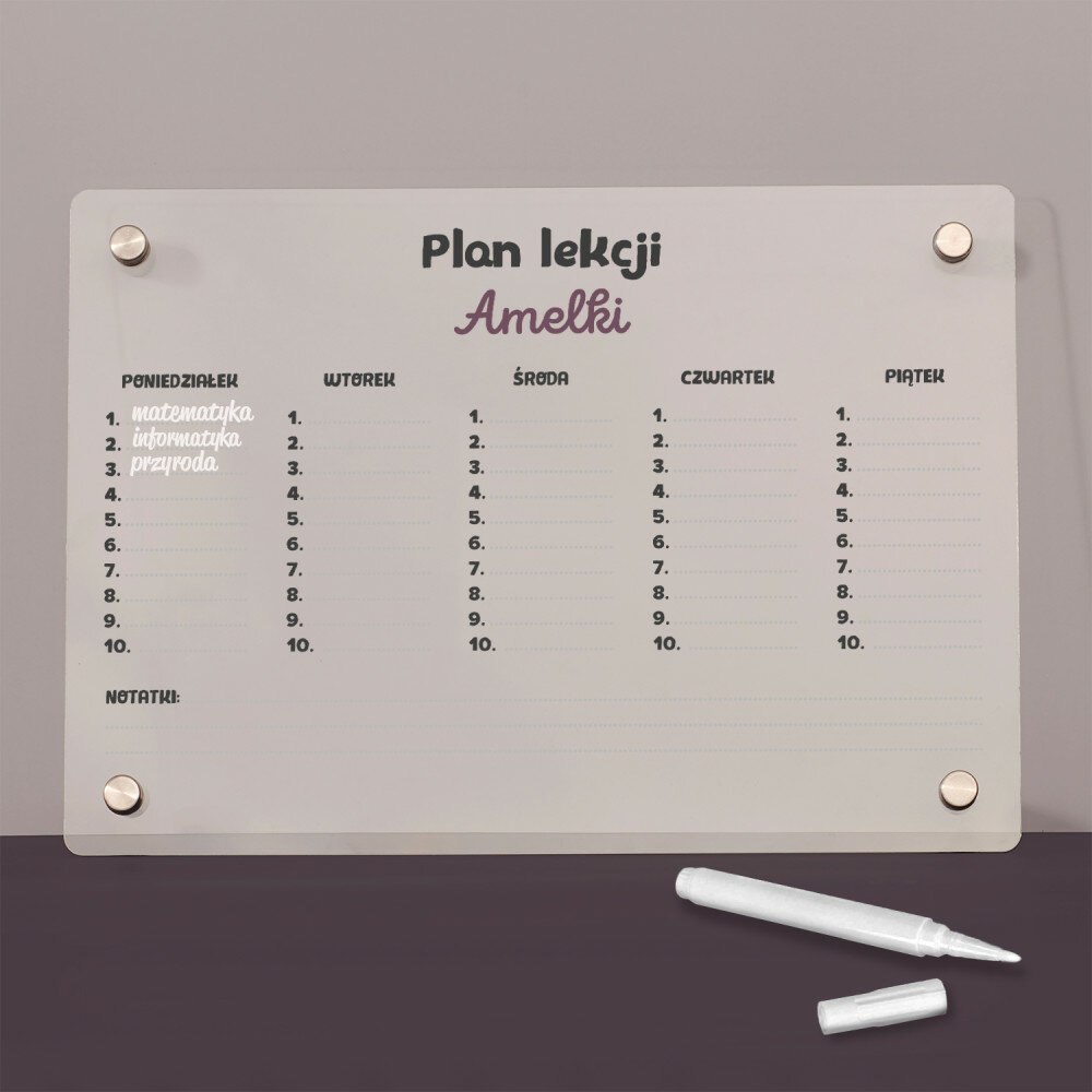 Plan lekcji - Wydruk na szkle akrylowym tablica - MyGiftDna.pl